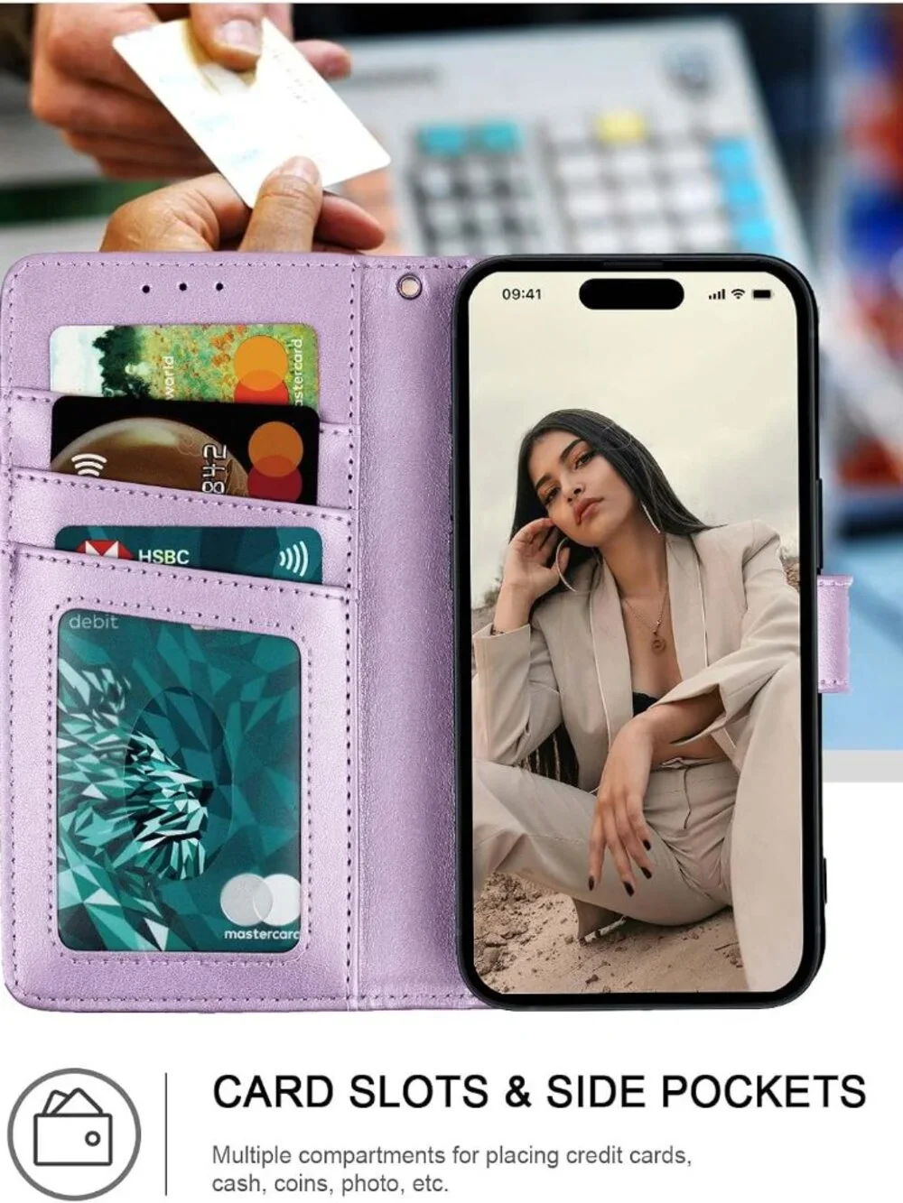 iPhone 16 Wallet Case RFID Blocking 3 Card Holder Stand PU Leather Light Purple